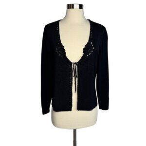 Vintage Talbots Black Tie Front Cardigan - Crochet‎ Trim Slinky Oversized Small